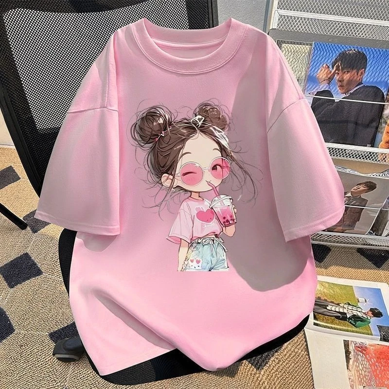 Cute Girls Pure Cotton Printed Short Sleeve T-Shirt Crew Neck Kids Summer Casual Top Big Middle Child Breathable Trendy Tee​
