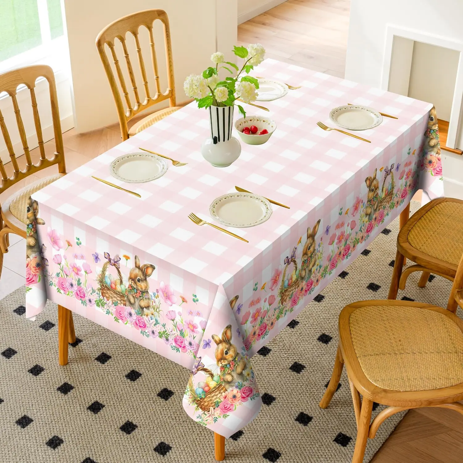 Easter Bunny Eggs Buffalo Plaid Waterproof Tablecloths Wedding Party Decor Spring Flower Washable Table Cloth Easter Decorations