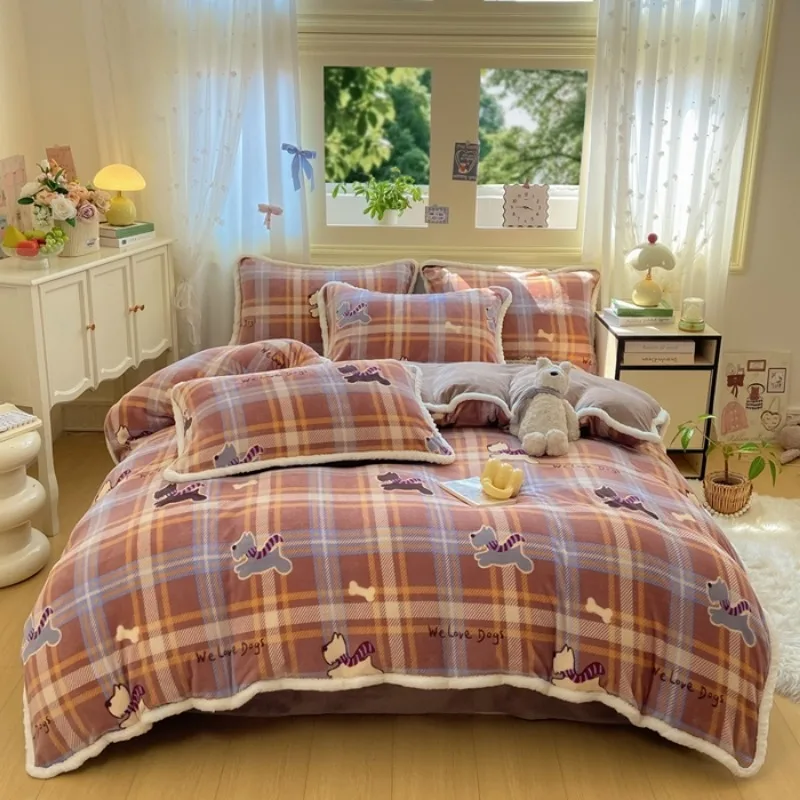 Rabbit fur lace printed milk fleece four-piece set Korean version princess style hemming student kit