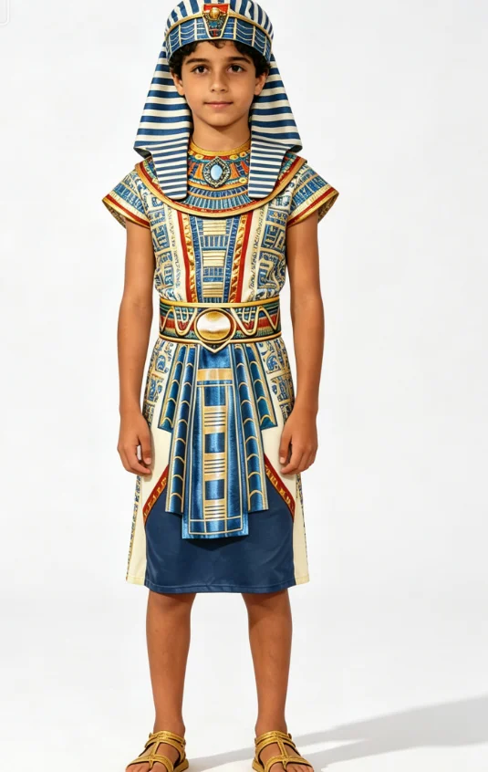 Kids Ancient Egyptian Pharaoh Costume Striped Nemes Headdress Decorative Collar Tunic Outfit
