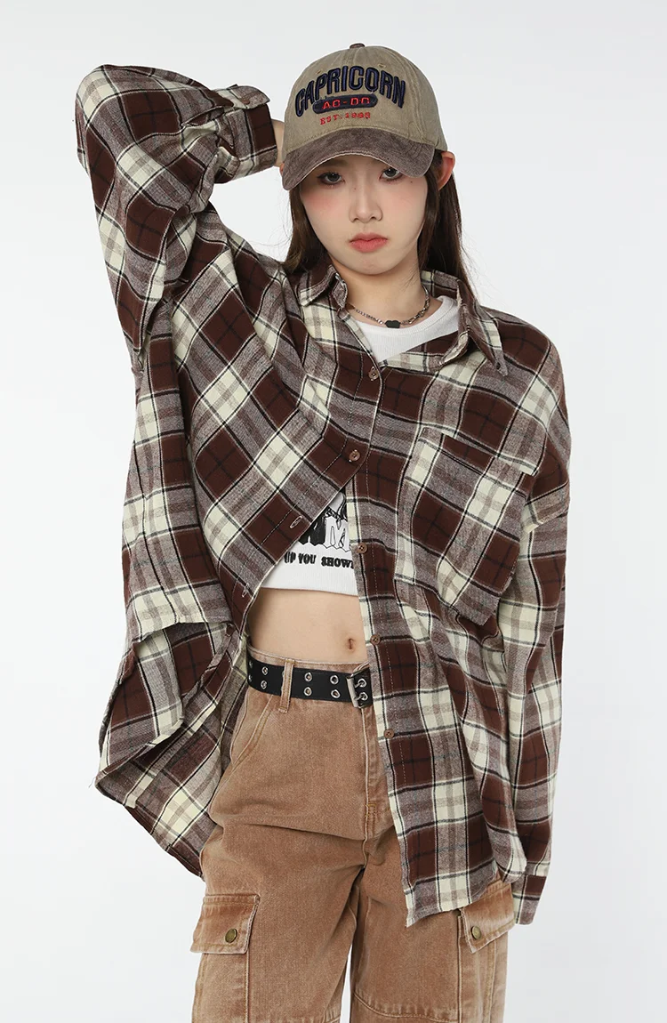 2023 Spring Autumn Women Shirts Chic Loose Oversized Long Sleeve Blouses Female Tops Korean Harajuku Simple Plaid Shirt