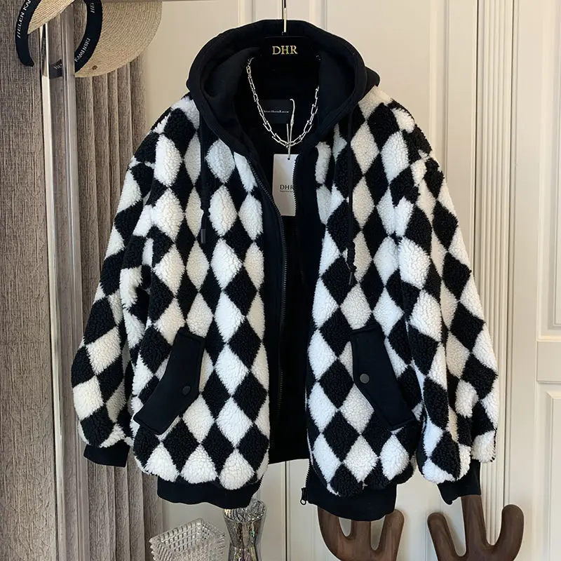 Women Retro Checkerboard Lambswool Hooded Teddy Coat Fake 2pcs Plaids Velvet Hoodies Jacket Sweatshirts Cardigan Streetwear Tops