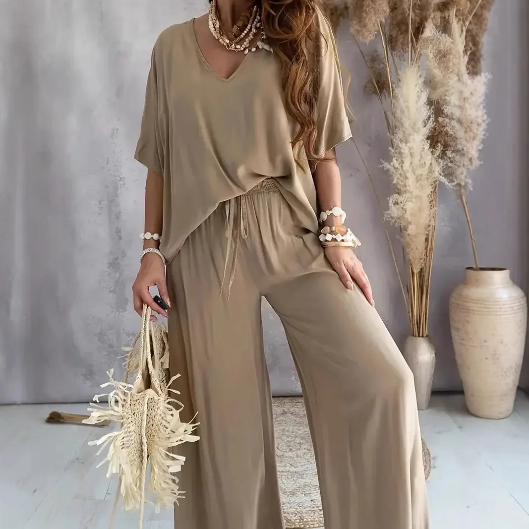 Sommer Weiß Zweiteiliges Set Für Frauen V-ausschnitt Fledermaus Ärmel Top Casual Lose Spitze Up Breite bein Hosen 2-stück Anzug Hause Outfits frauen