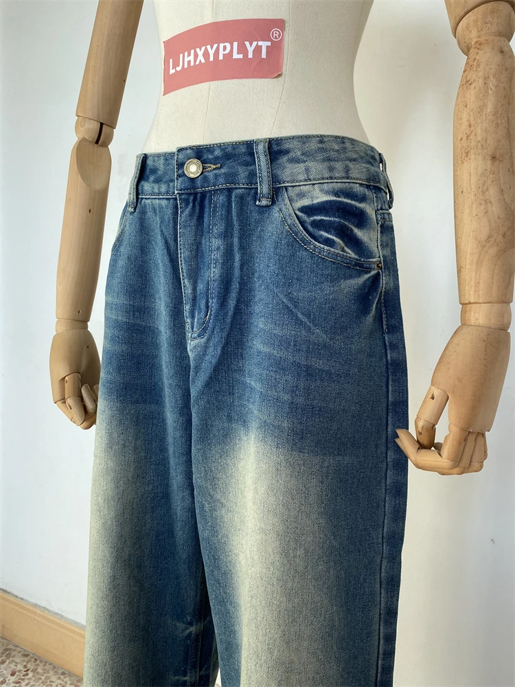 Damskie białe jeansy retro w kolorze niebieskim, proste, codzienne spodnie, spodnie dla cool girl, damskie spodnie z wysokim stanem i szerokimi nogawkami w stylu vintage.