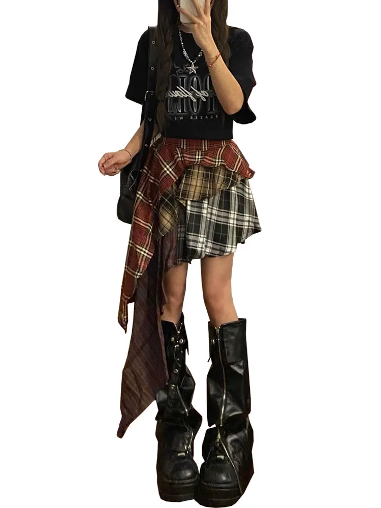 Gonna scozzese a trapezio da donna Vintage Fashion estetica Y2k minigonna asimmetrica Harajuku gonna coreana 2000s vestiti 2024 estate