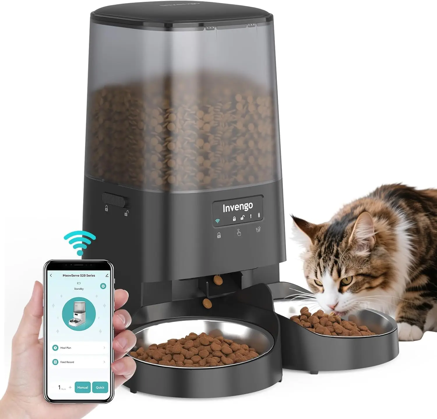 

Automatic Cat Feeder with App Control, 5L Dispenser for 2 Cats, WiFi, Dual Power, Programmable Portions