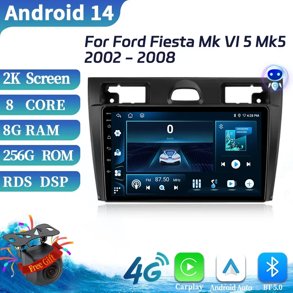 Voor Ford Fiesta Mk VI 5 Mk5 2002-2008 Android 14 Auto Auto Draadloze Carplay Radio Multimedia GPS navigatie 2 din Scherm Stereo