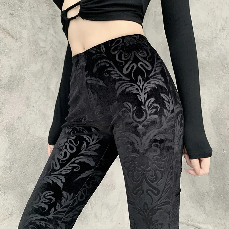 Calças de perna larga góticas escuras femininas 2024 sexy camurça preta em relevo longo magro legging goth indie grande flor impresso bottoms