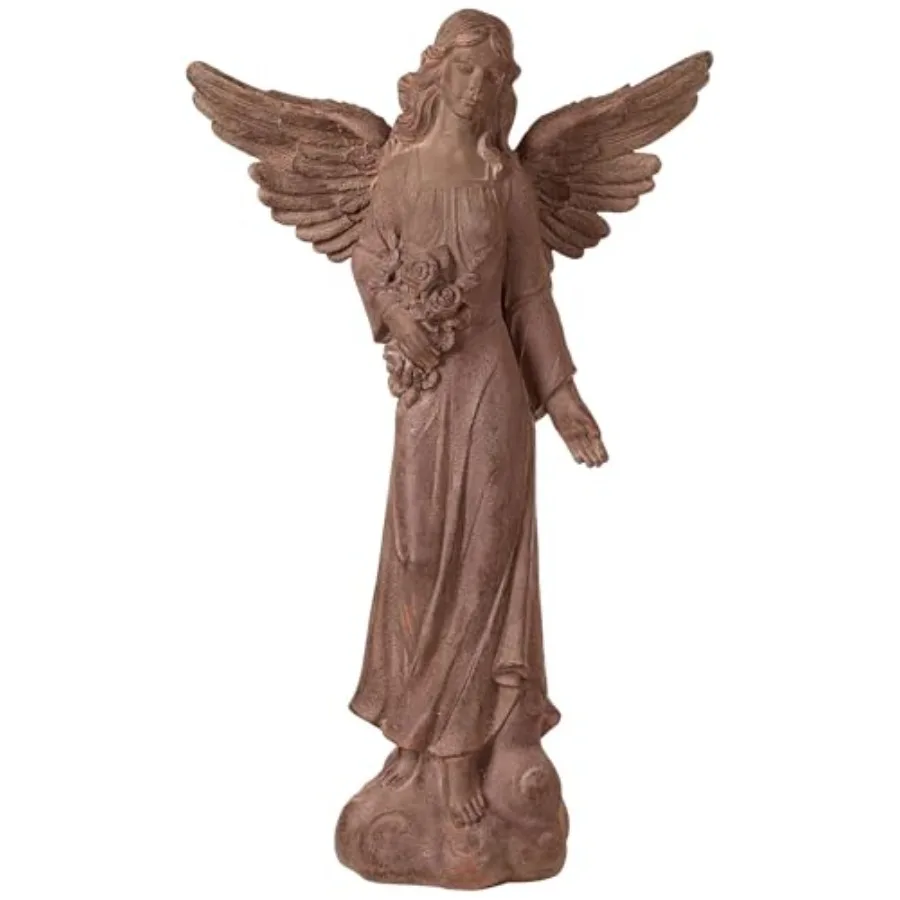 Tudor garden angel statue for outdoor patio use, cast stone material, antique white finish, weather-resistant and detailed craf