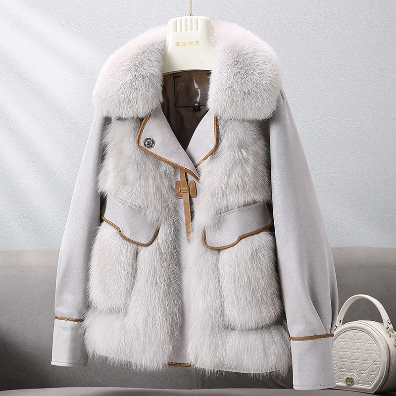 Winter Faux Fox Fur Coat Women Down Jacket Suede Fabric Splice Overcoat New Woolen Coat Filler Warm Parkas Thicken Short Coats