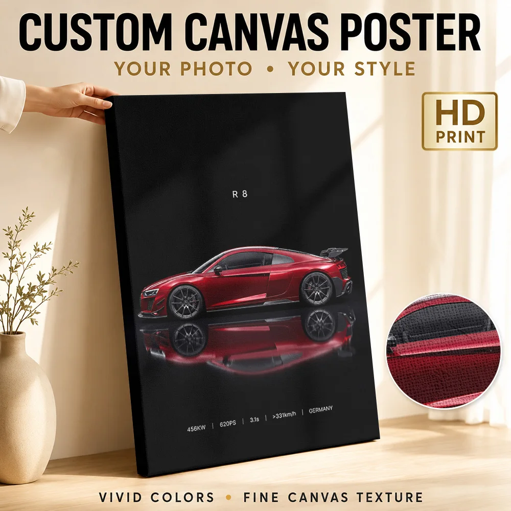 Red Sleek R8 Sports Car Canvas Poster Personalized Photo Modern Minimalist Style Garage And Man Cave Wall Paintings Decoration