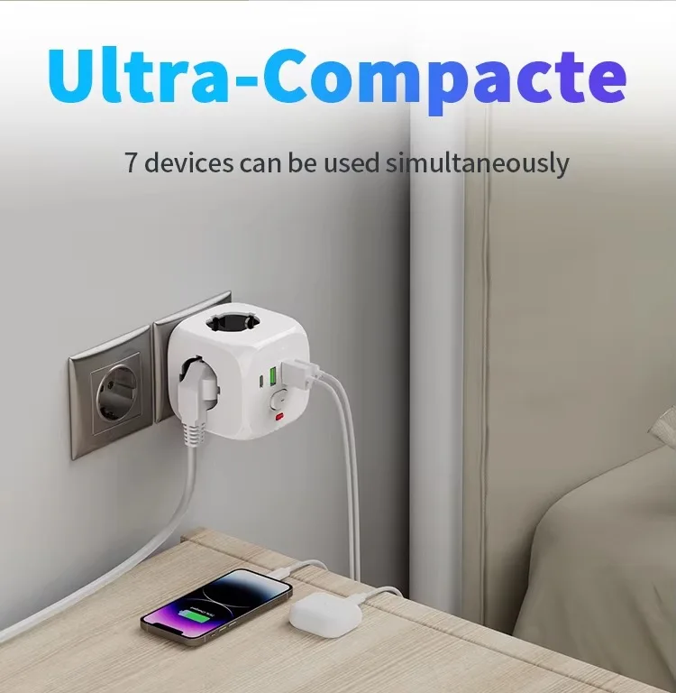 7-in-1 Square Power Strip with 3 AC Sockets 2 USB Ports 2 Type-C Ports And 1 Main Switch for Home Office Travel Use