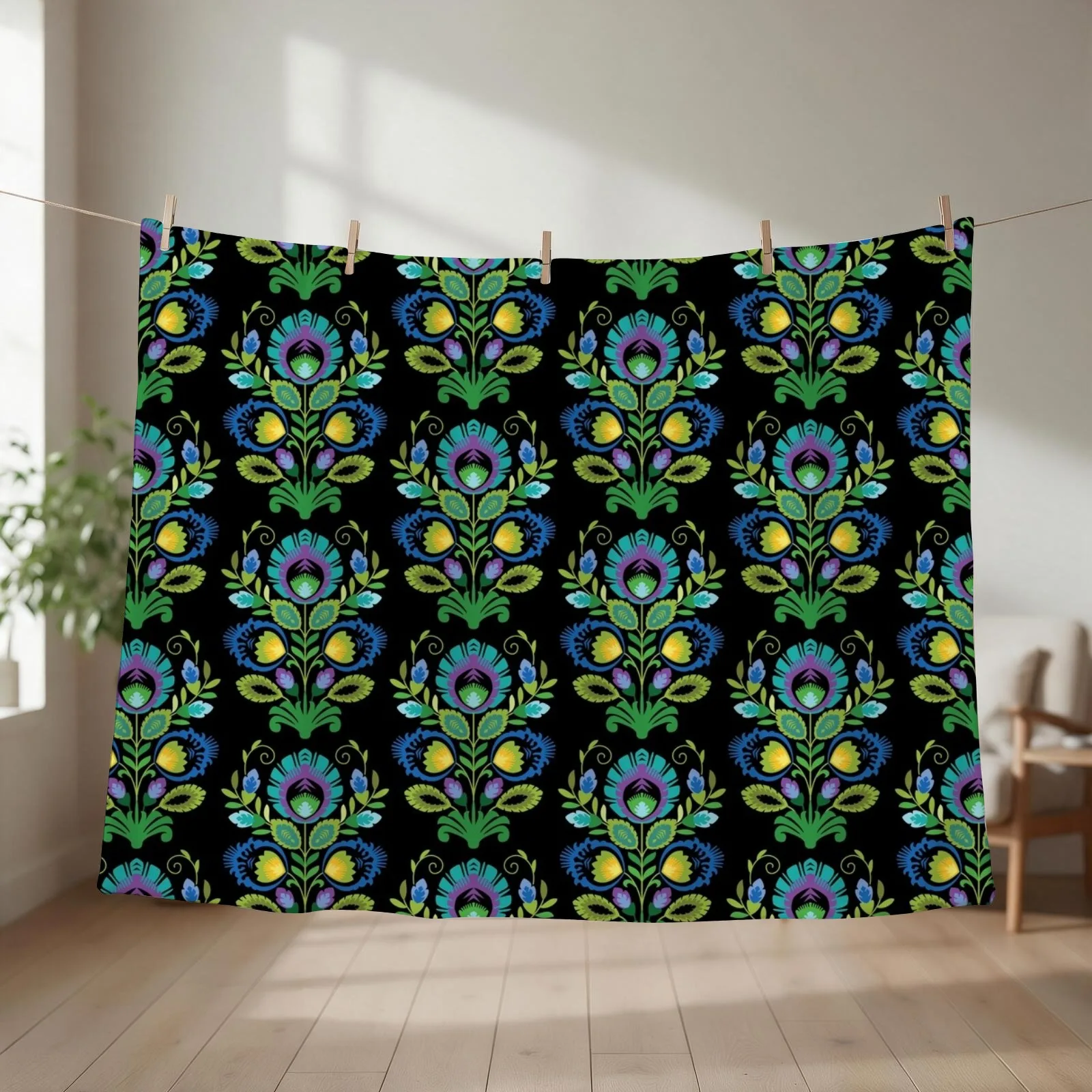 Polish Folk Flowers Teal on Black Throw Blanket couch cozy soft plush fuzzy picnic outdoor blanket