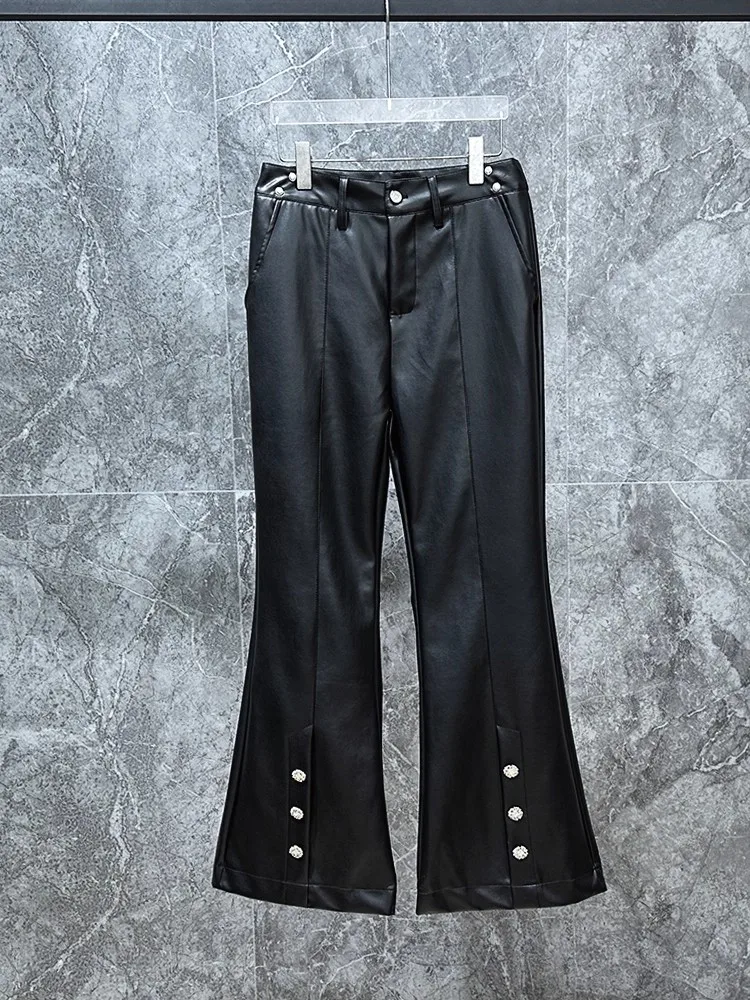 

Owen Seak Men Bell-Bottoms Pants PU Leather Sweatpants Casual Autumn Cross Black Designer luxurLong Trousers