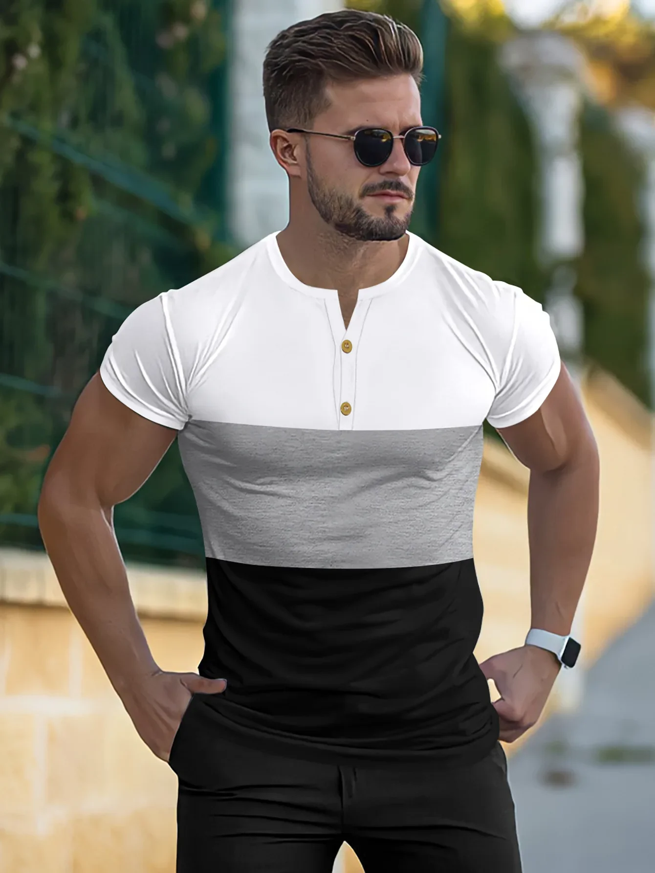 

2025 Summer New Fashionable Casual Stripe Printed T-shirt for Men Street Sports Slow Running Training Short Sleeve Top