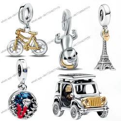 Hot Sterling Silver 2024 New Two-tone Spinning Wheels Bicycle Dangle Charm for Original 925 Bracelet Jewelry Parisian Style