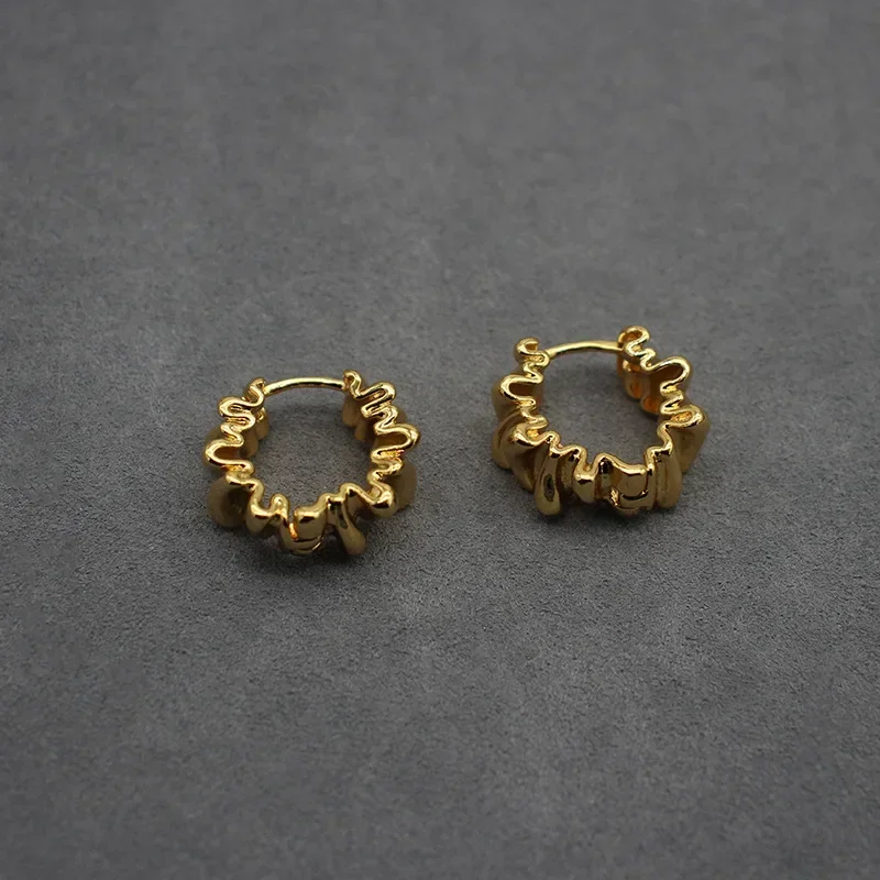 French Retro 24K Copper Plated with Real Gold Wrinkled Texture Niche Jewelry Earrings