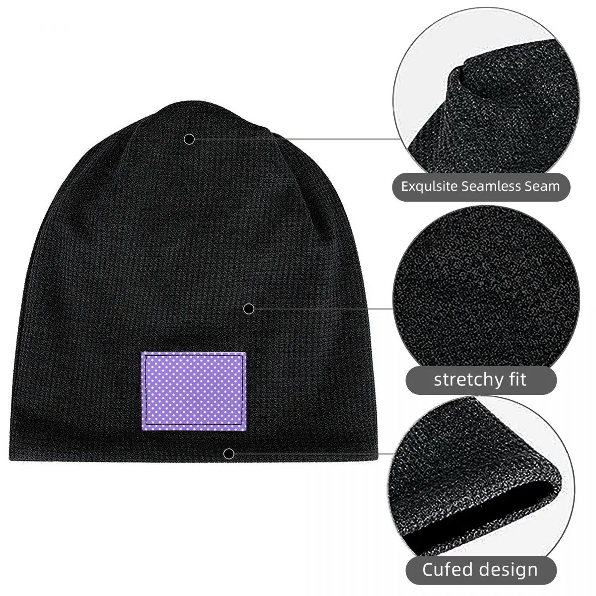 White Polka Dots Over Purple Waffle Knit Fleece Lined Beanie with PU Leather Patch Unisex Warm Winter Soft Cap