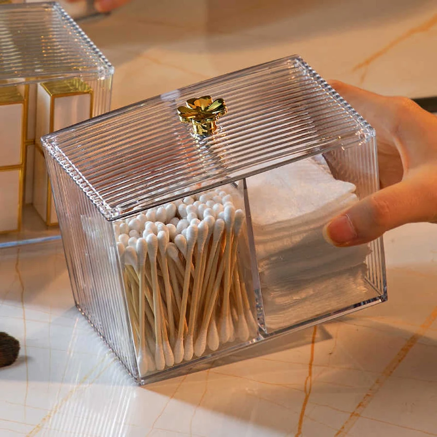 Image of 3-teiliges transparentes Apothekerglas mit Deckel – Qtips Wattestäbchenhalter für die Organisation des Badezimmer-Waschtischs, Spender mit 3 Gittern