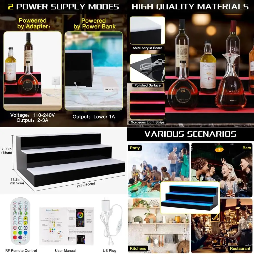 Estante de barra iluminado por 24 LED de 3 niveles con control remoto y por aplicación para exhibición casera de licores, vino y más