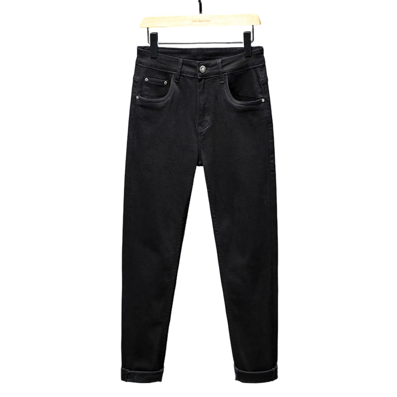 Jeans preto magro e magro masculino, tecido elástico, confortável, fino, na moda, versátil, casual, coreano, verão