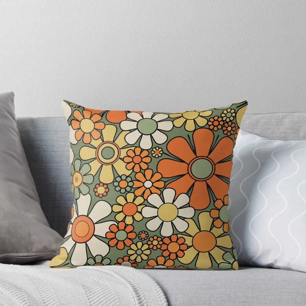 

Retro Garden Flowers 60s 70s Floral Pattern Mossy Sage Green Orange Yellow Throw Pillow Couch Cushions pillow