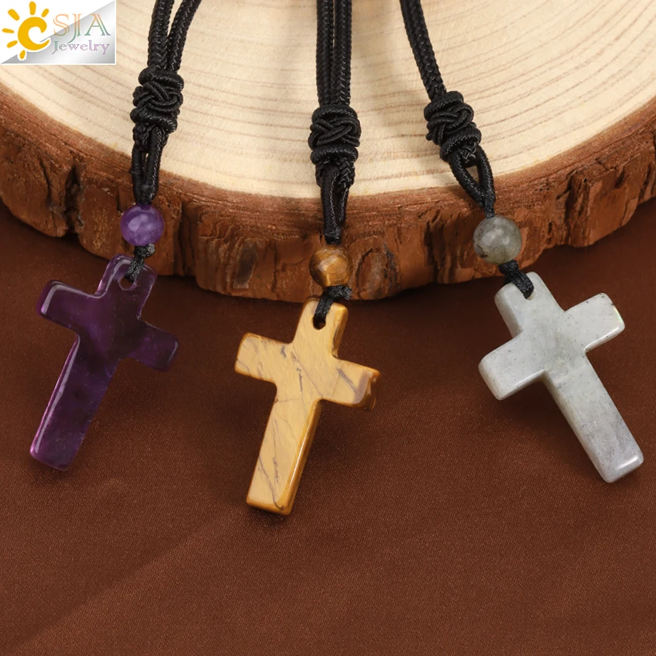 CSJA Natural Stone Cross Pendant Necklace for Man Healing Tiger Eye Amethysts Crystal Necklaces for Women Jewelry Gift H254