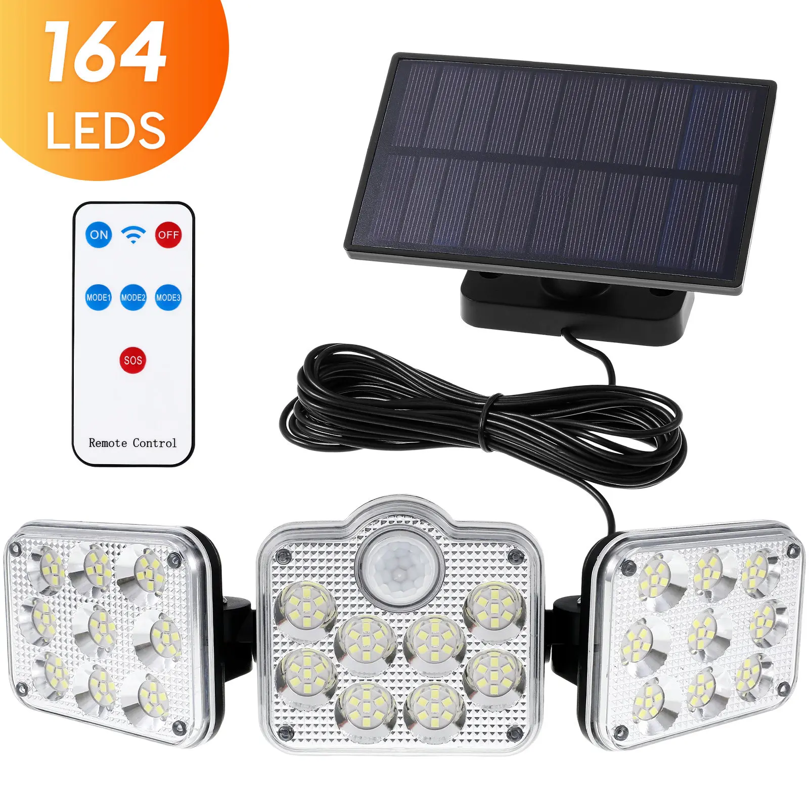 164 LED Solar Motion Sensor Light Outdoor Three Head Split Rotatable Security Wall Lamp for Garden Yard
