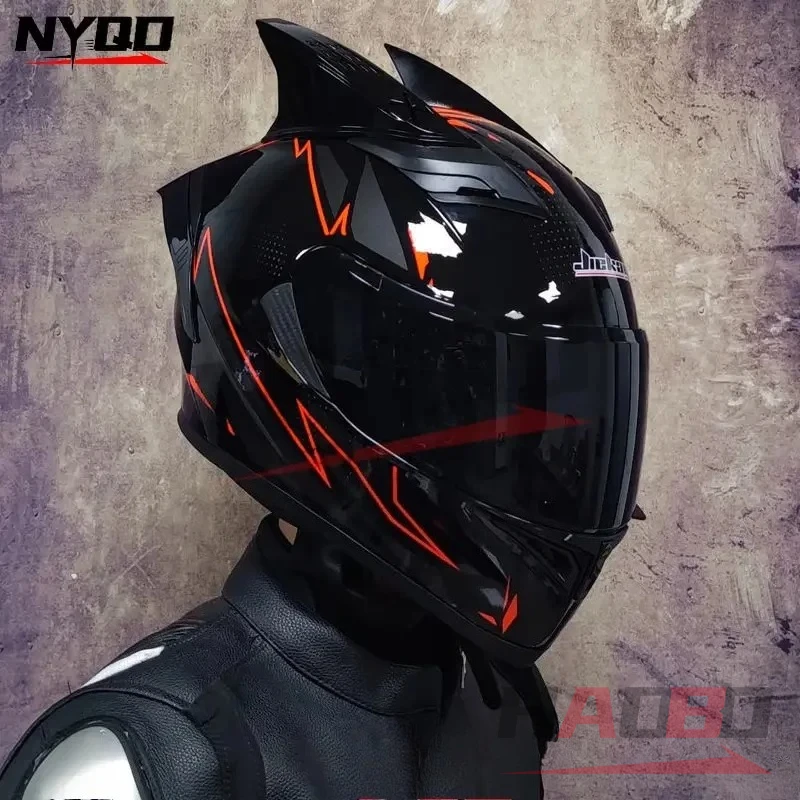 Jiekai316 Motorcycle Full Face Helmet Dual Lens Racing Helmet Personality Horns Modular Flip Up Helmets DOT Approved