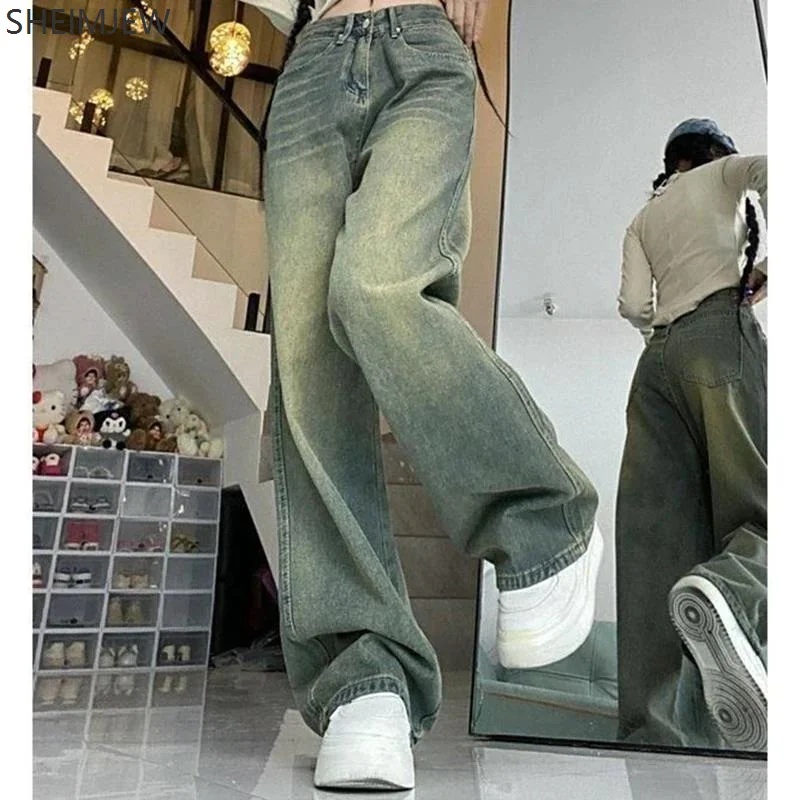 Retro Faded Wide-leg Jeans High Waist Loose Slim Student Floor-length Pants 2025 Retro Washed Distressed Straight Wide-leg Pants