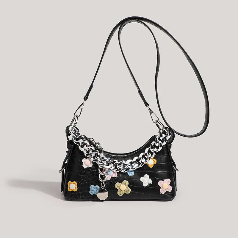 

2025 Women Fashion Flower Embroidery Crocodile Pattern French Handbags Luxury Big Metal Chain Underarm Bag Travel Shoulder Bag
