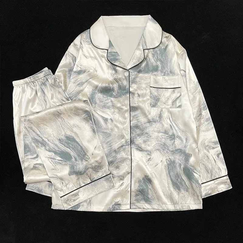 Pajamas Women's Satin Long-sleeved Pajamas Pajamas Suit Flower Printed High-grade Ice Silk Can Be Worn Outside Home Wear Pajamas