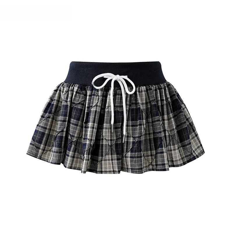 

Sweet Spicy Girl Plaid Dstring Lined Design Puffy Skirt ort f-length Women's Summer A-line Low-waist Cheered Skirt