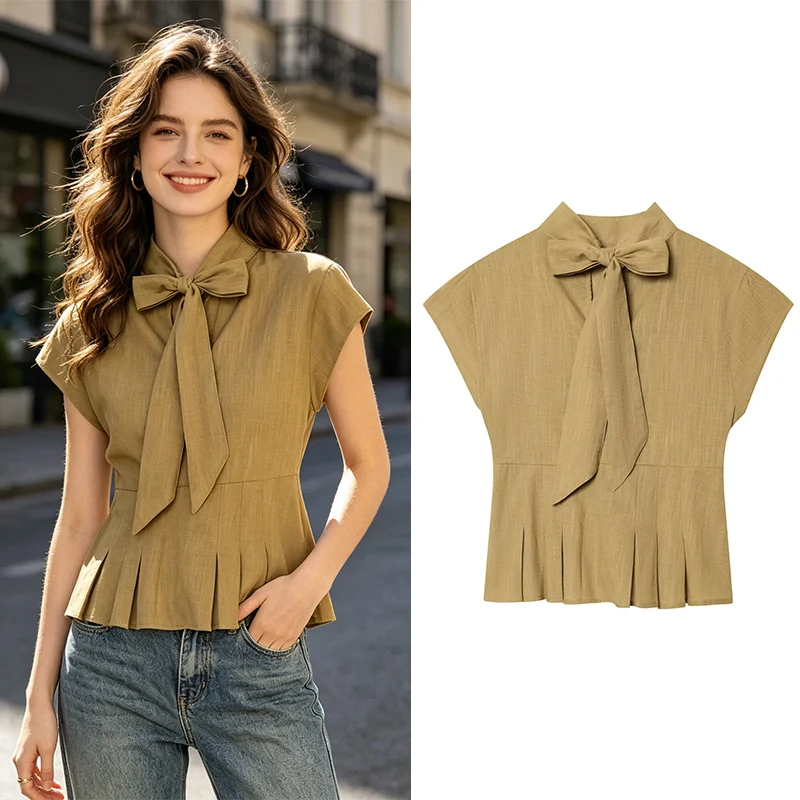 Women's Top 2026 New Fashion Summer Bow Decorative Split Hem Bow Tie Top for Women Chic Personality Female Top