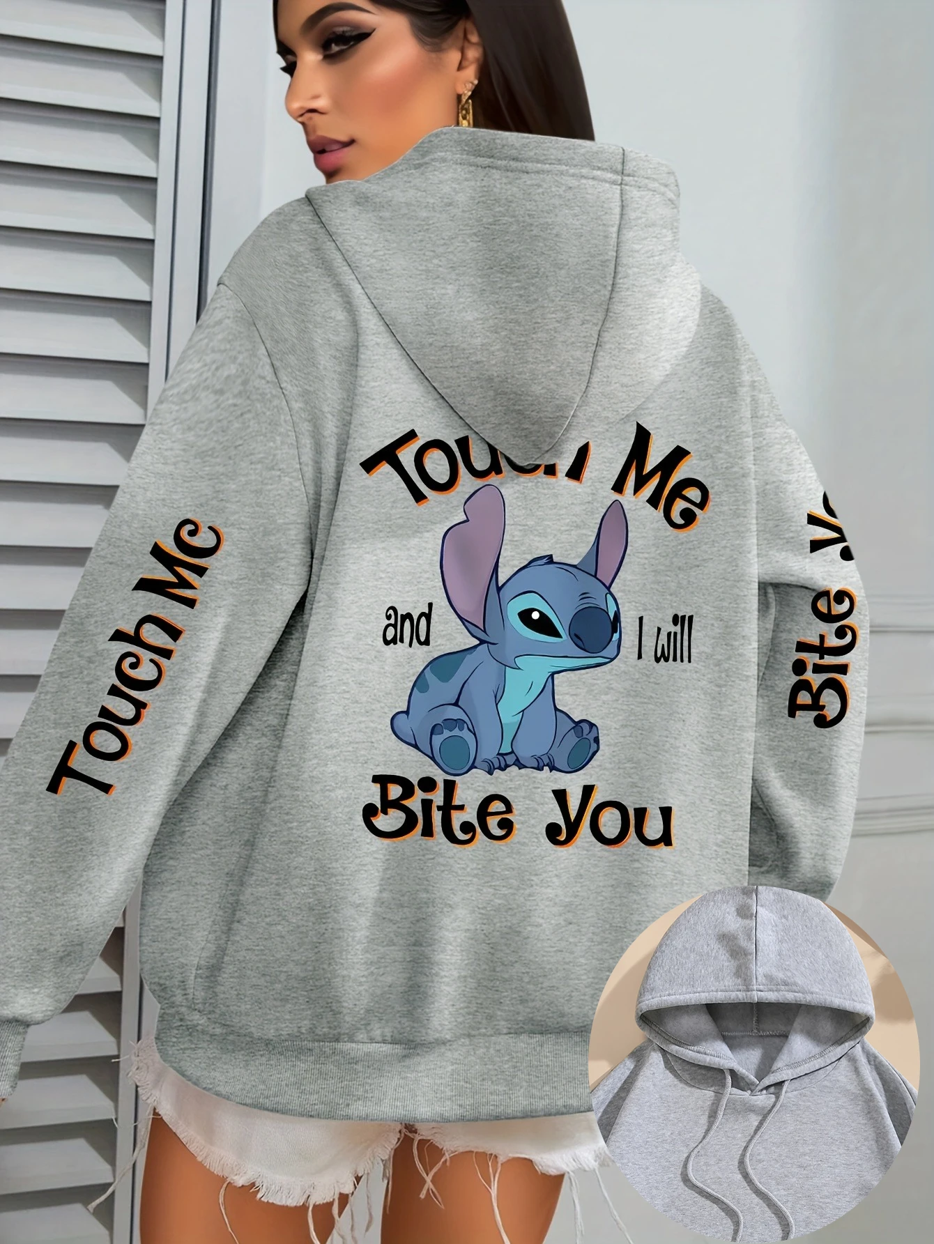 Disney Damen Stitch Touch Me I'll Bite You Fleece Hoodies Baumwolle Hoody Sweatshirt Pullover Herbst Winter Oversize Mäntel Top