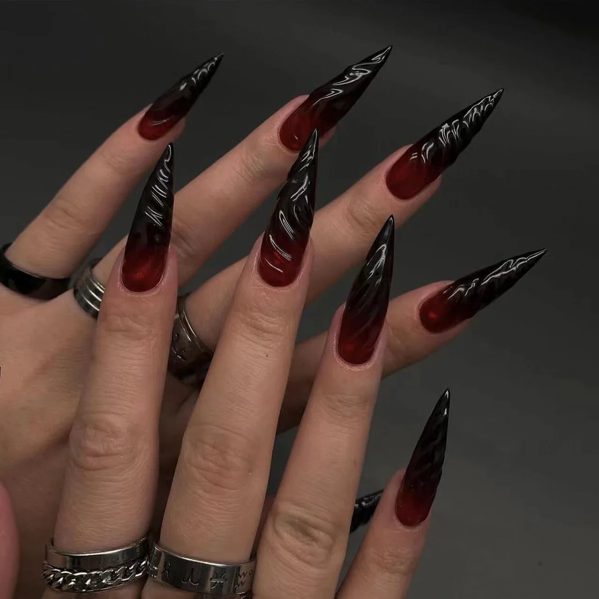 24Pcs Red Halloween Long False Nails Full Cover Stiletto Almond 3D Blood Design Nails Art Full Cover Manicure Press on Nail Tips