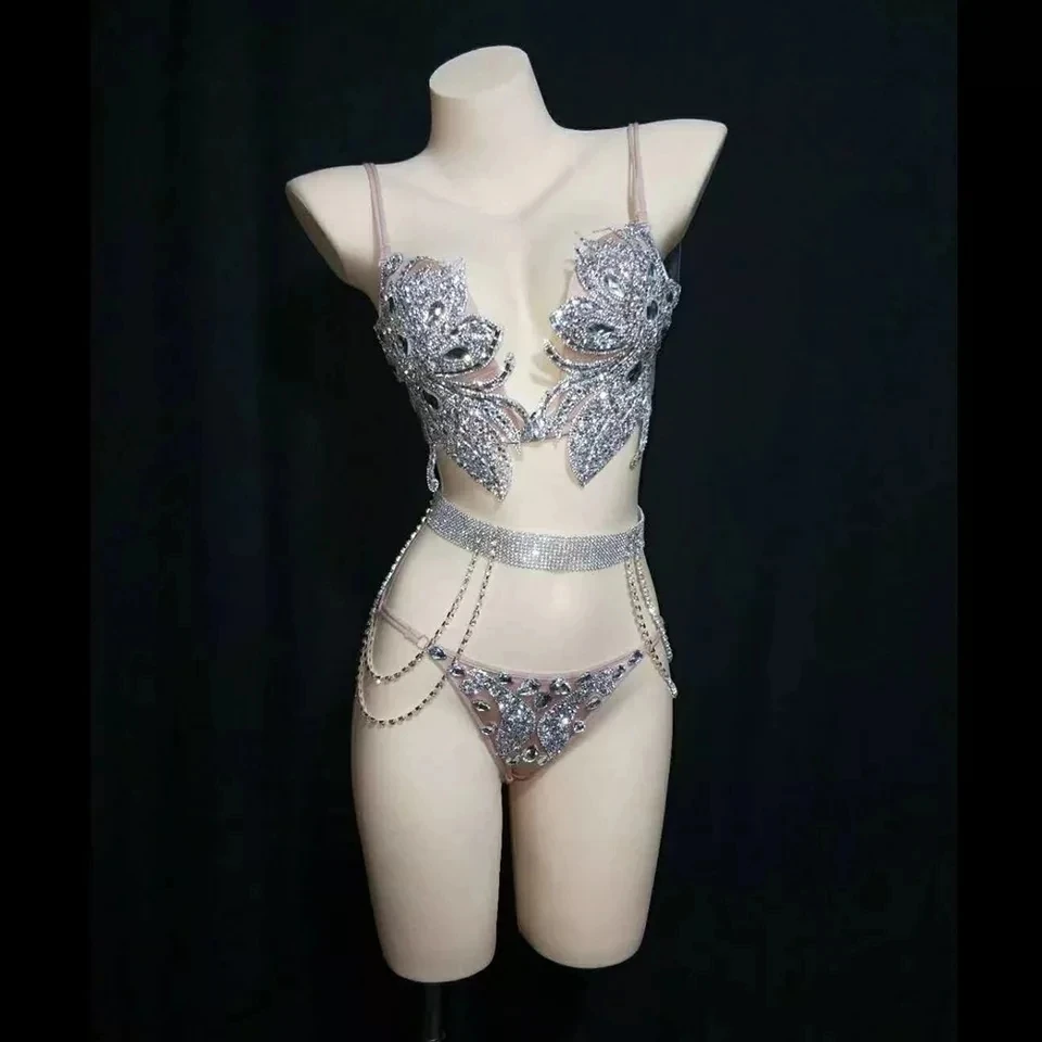 

Women Stage Wear Sexy Performance Costume Pole Dancing Diamond Bra Gold Black Silver Rhinestones Bikini Set DJ Nightclub