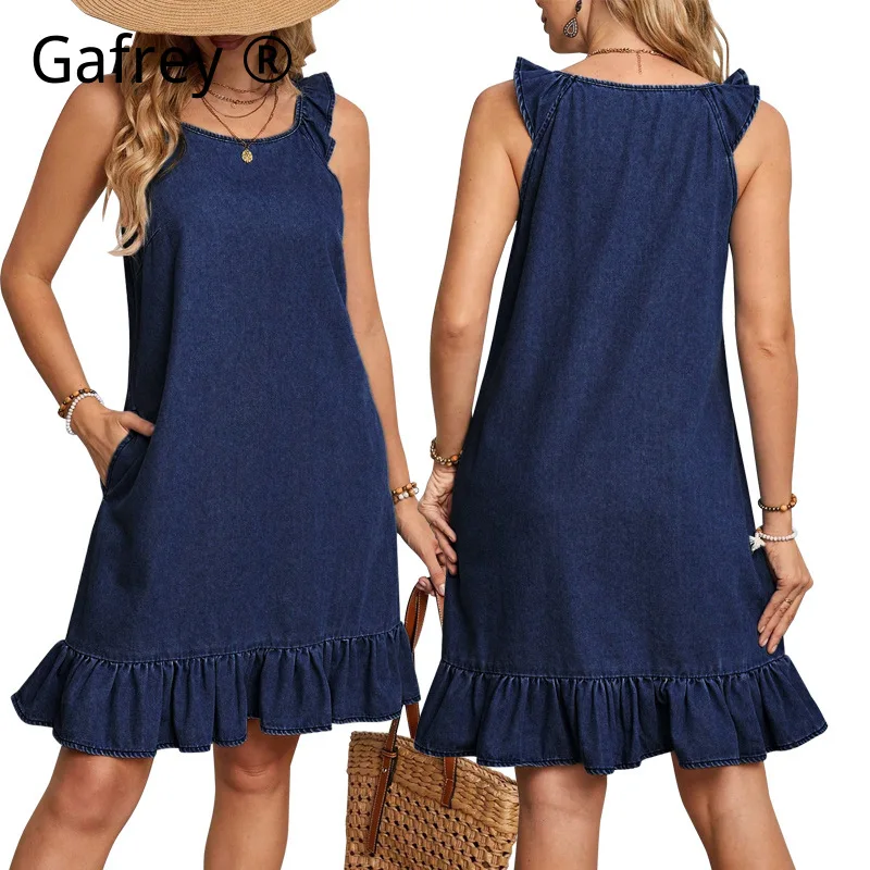 

Women Denim Dress Round Neck Sleeveless Ruffled Hem Frilled Edge Jean Dress Cute Casual A-Line Mini Short Dress Summer 2026 New