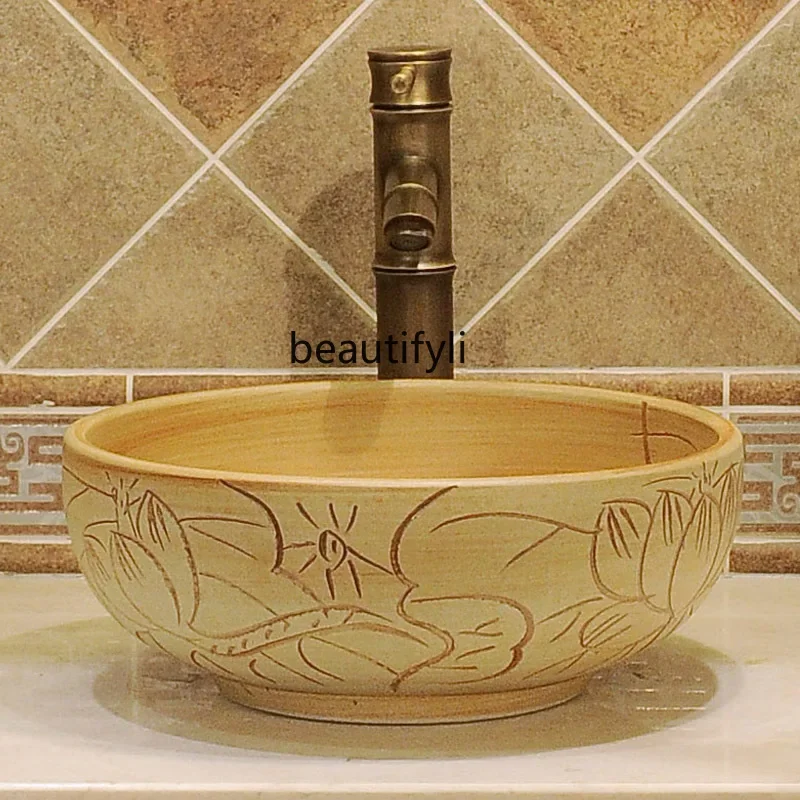 Chinese hand-carved table basin round small size 35cm American retro table small household