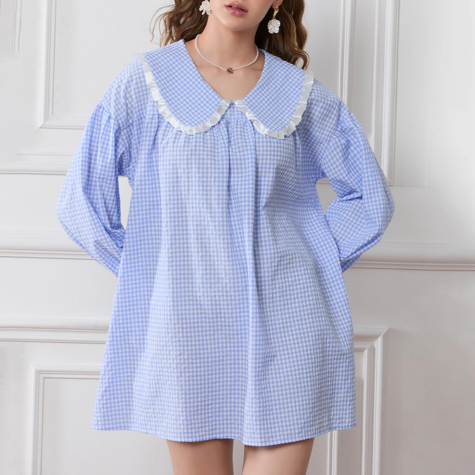 Women Y2k Gingham Babydoll Dress Puff Long Sleeve Loose Fit Short Dress Ruffle Trim Doll Collar Cute Plaid Dress