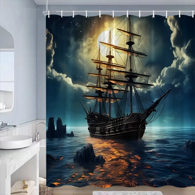 Sea Waves Sailboat Shower Curtains Night Lightning Ocean Nature Landscape Bathroom Curtain Decorative Polyester Cloth with Hooks