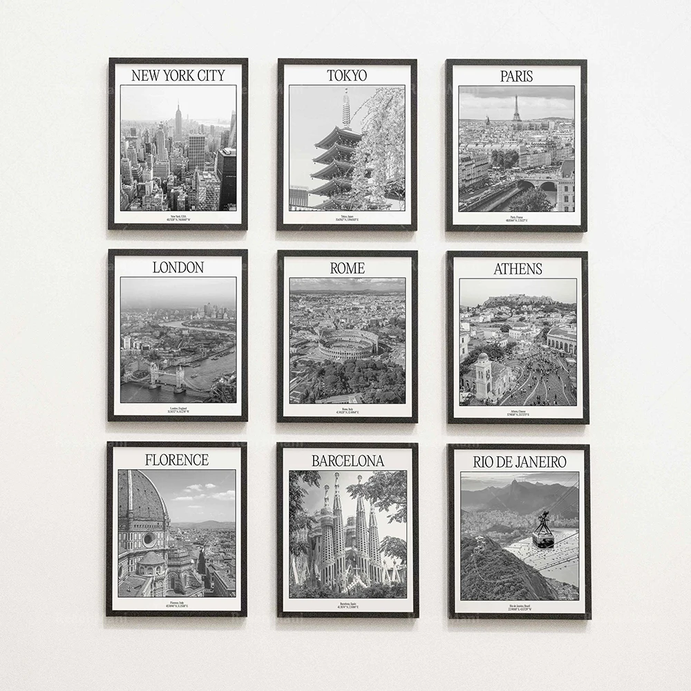 Photography New York - ローマ、フランス、バルセロナ、ロンドン、リオデジャネイロ、アテネ、フィレンツェ、東京、ニューヨーク、プエルトリコの白黒旅行ポスター