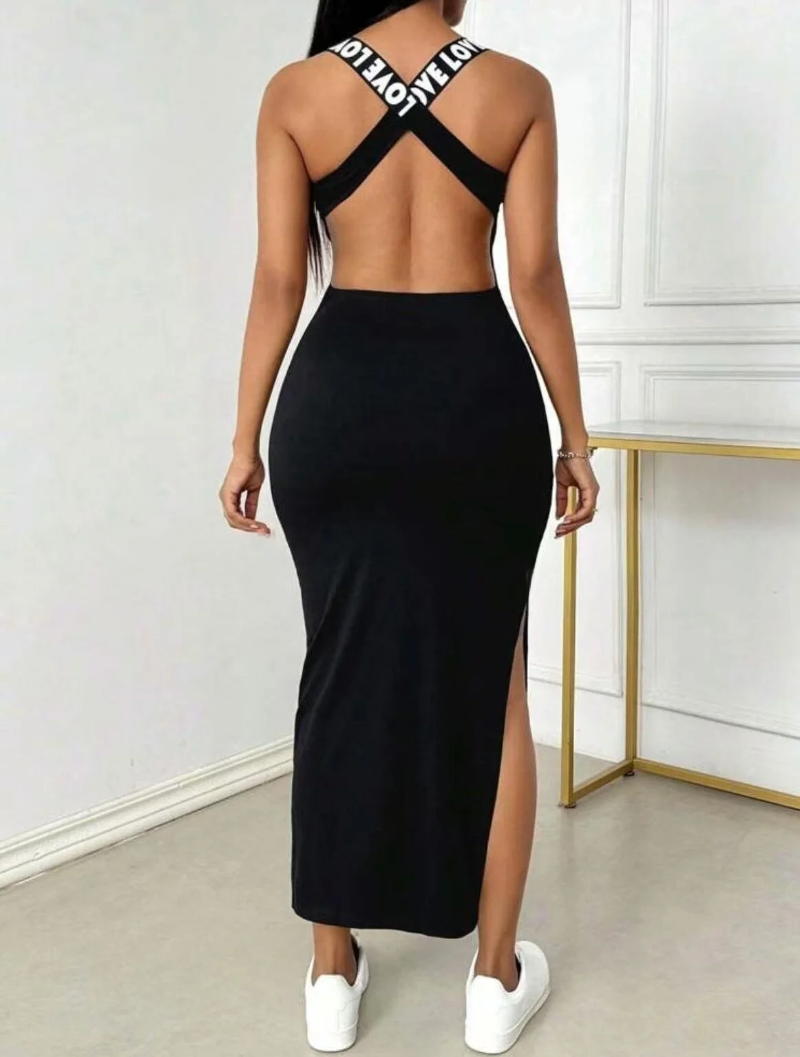 Robe longue fendue sans manches à imprimé personnalisé, ceinture tissée, dos nu, mince, européenne et américaine, printemps et été