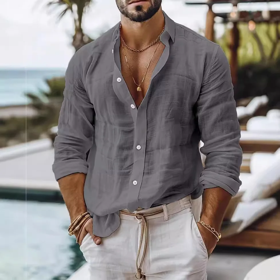Men's Solid Color Cotton Linen Shirt Casual Long Sleeved Casual Shirt Top For Men Camisas Hombre Camisas Acogedoras 린넨셔츠