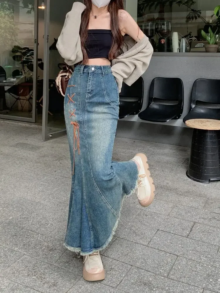 

Women's Denim Skirt with Strings High Waist Female Jeans Skirts Premium Casual Stylish Chic and Elegant Luxury V Korean Fashion