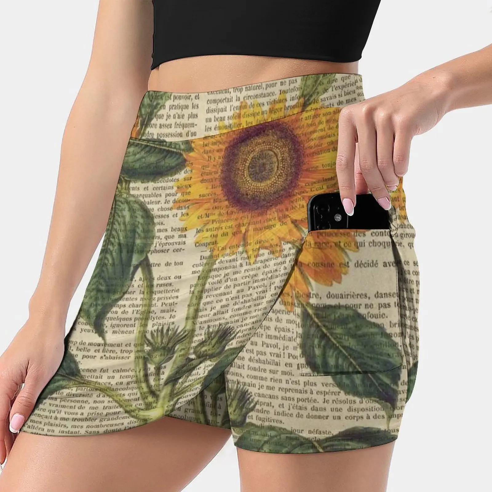 Botanical Print , On Old Book Page-Sunflower Skirts Woman Fashion 2022 Pant Skirt Mini Skirts Office Short Skirt Botanical On