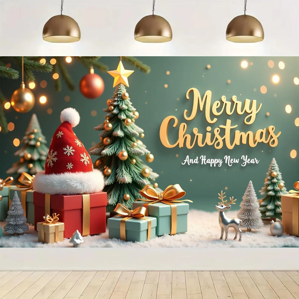Großes Weihnachtsbanner aus Polyester, Weihnachtsmütze, Geschenkbox, Ornament, Weihnachtshintergrund für Weihnachtsfeier, Neujahr, Feier, Zuhause, Party