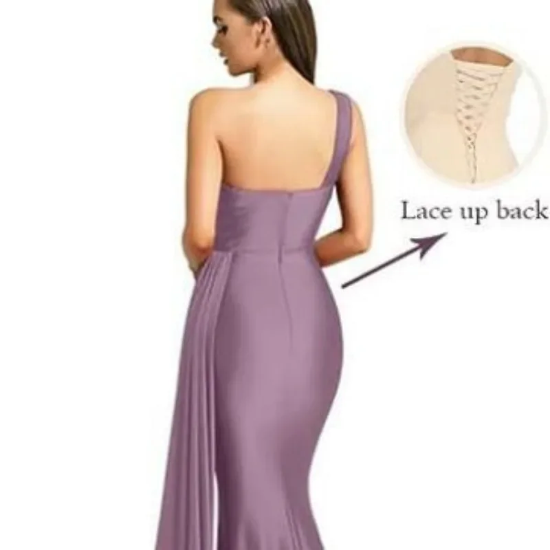 Customized Sexy One Shoulder Padded Satin Evening Dresses Side Train Ruched Bridesmaids Dress Sleeveless Bodycon Evening Night P