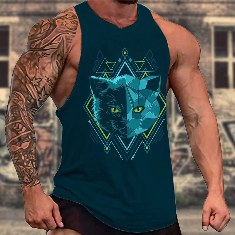 Summer men's 3D wolf head print fitness large size sleeveless vest outdoor running sleeveless tops men breathable quick-drying