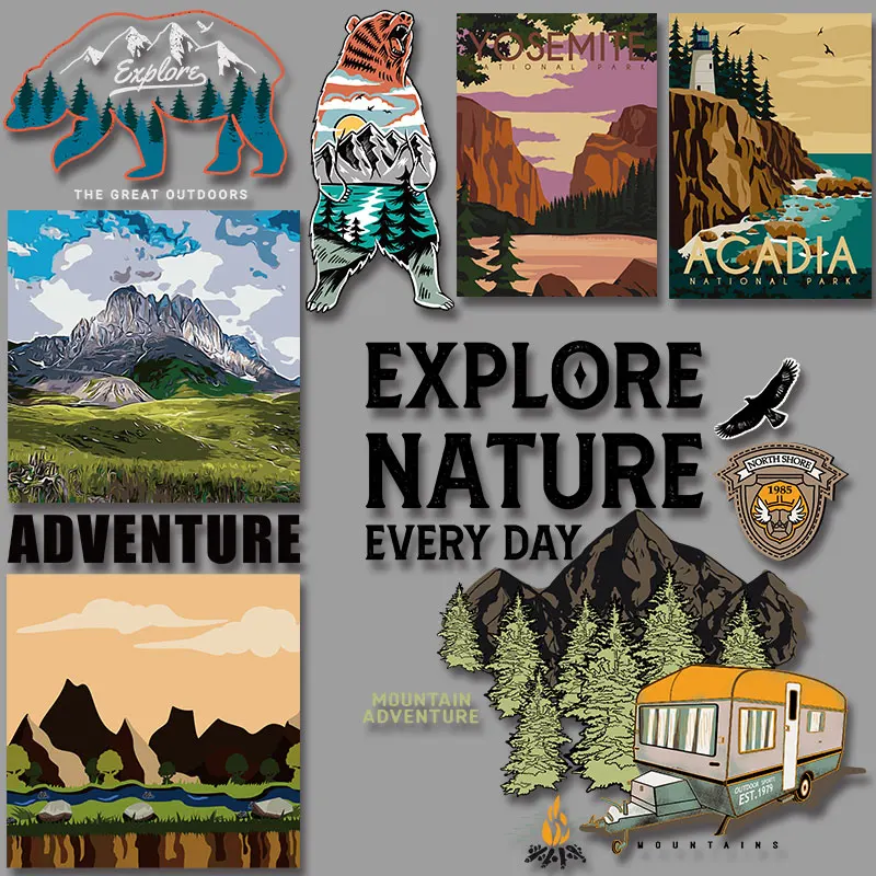 Explore Nature Mountain Adventure Canada Rocky Mountain ACADIA National Park Iron-on Transfers Applique for Cloth Diy Craft